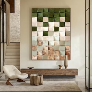 Green Geometric Wood Art 3D Wood Textured Wall Art Wood Block Wall Decor image 2