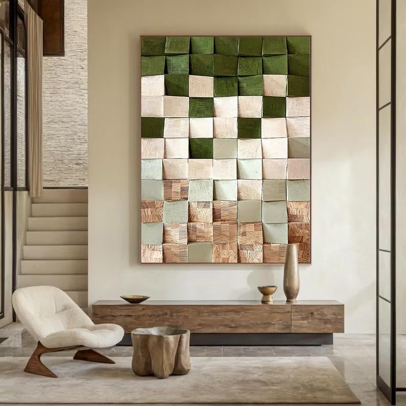 Green Geometric Wood Art 3D Wood Textured Wall Art Wood Block Wall Decor image 2