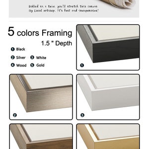May include: Image showcasing five framing color options: black, silver, white, wood, and gold. Each frame has a 1.5-inch depth. The text reads "5 colors Framing" and "Rolled in a tube, you'll stretch this canvas By Local artshop. It's fast and inexpensive!"