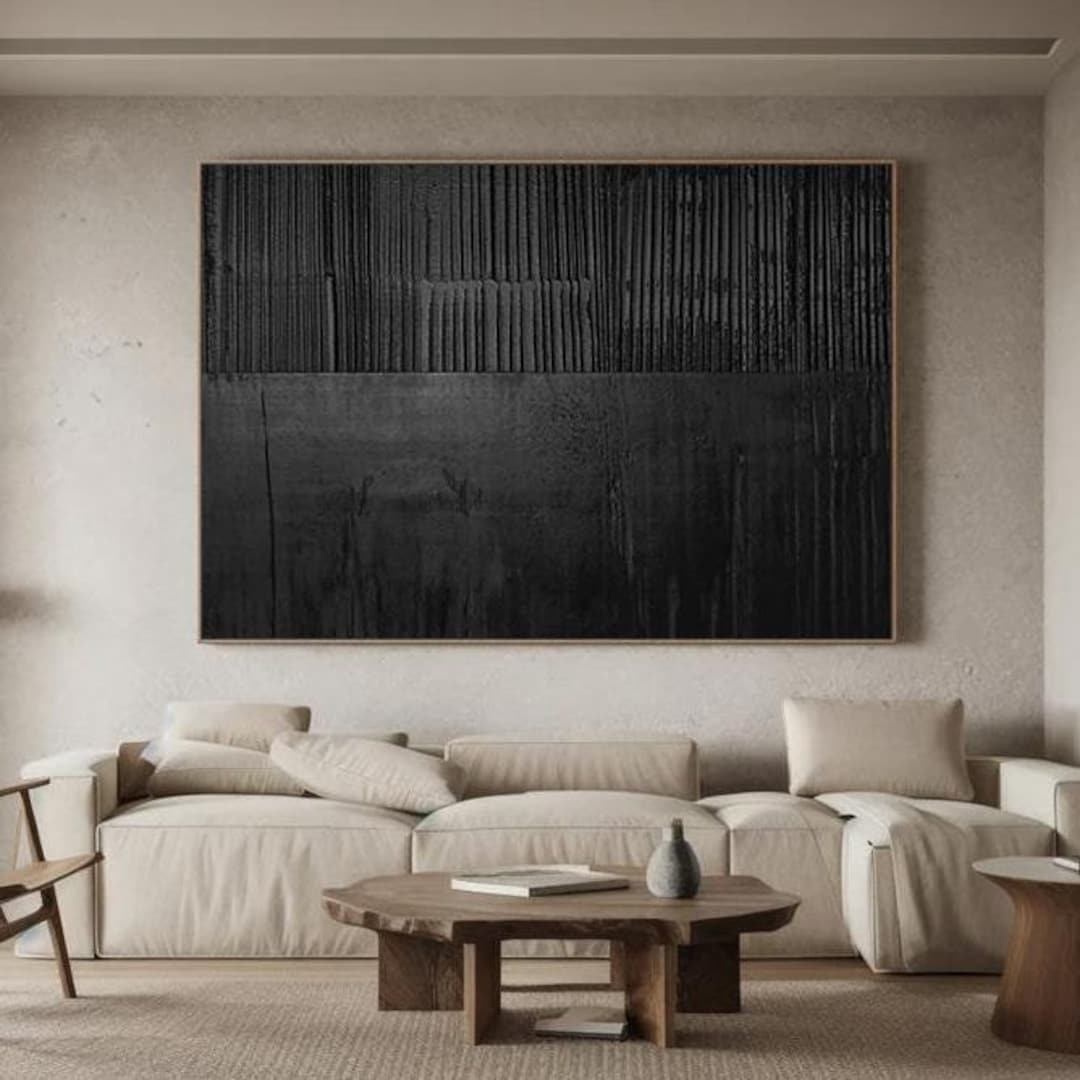Large Black 3D Textured Abstract Painting, Minimalist Wall Art - Etsy