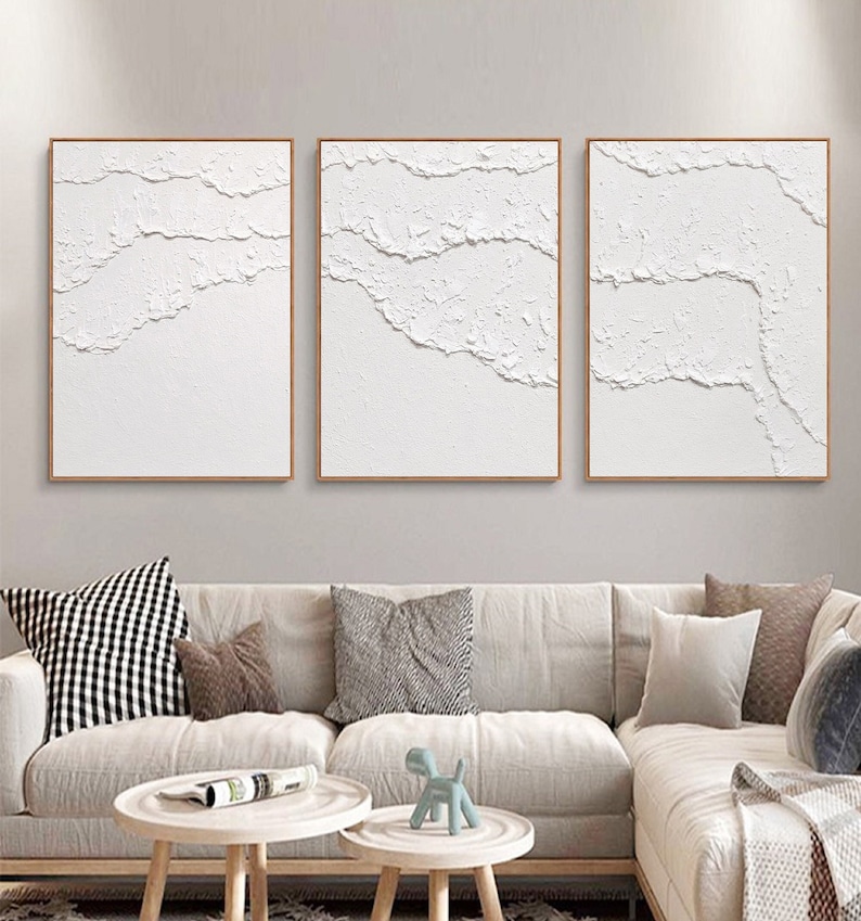 arte de pared abstracto blanco Arte de pared texturizado blanco Conjunto de 3 arte de pared blanco pintura blanca arte de pared 3d blanco Conjunto de 3 pinturas texturizadas blancas imagen 1