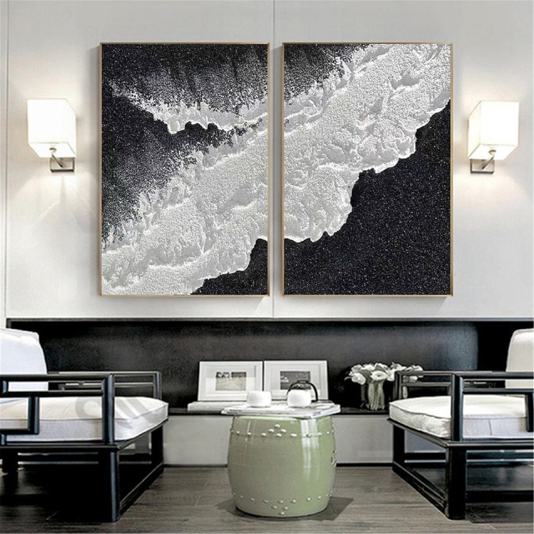 Set of 2 Black Abstract Wall Art Set of 2 Black and White Textured Wall ...