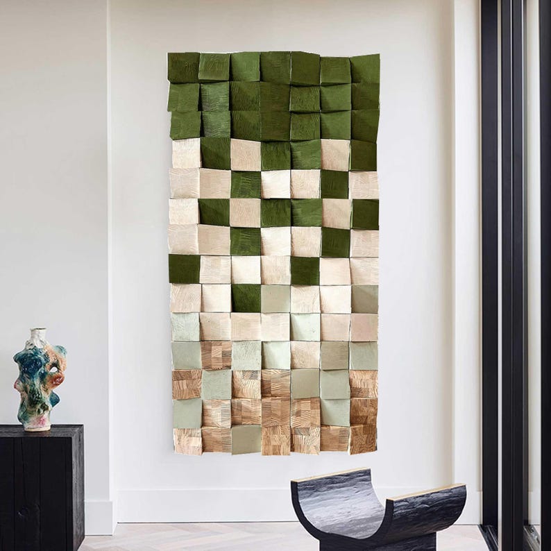 Green Geometric Wood Art 3D Wood Textured Wall Art Wood Block Wall Decor image 5