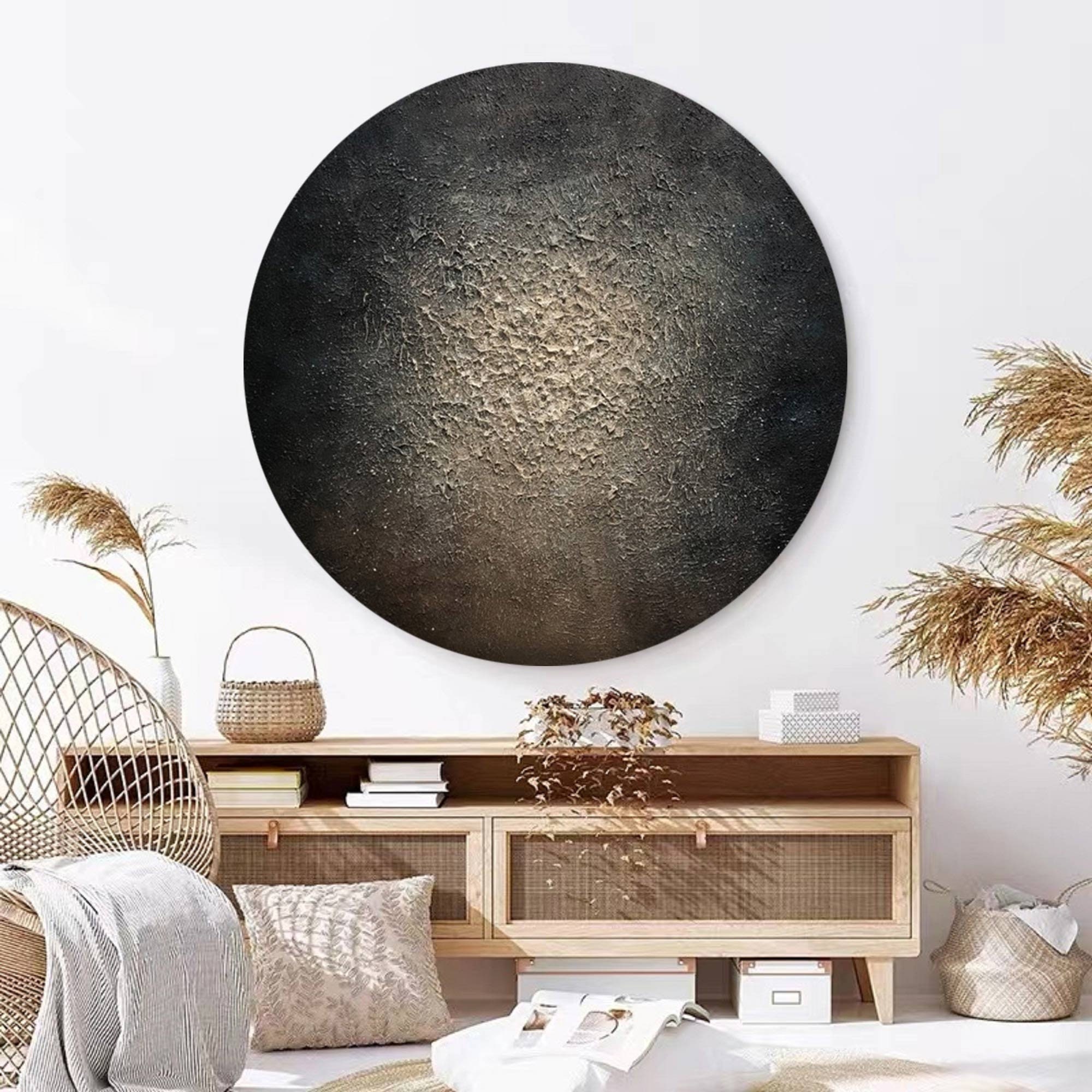 黒とベージュの円形テクスチャ抽象アート、円形キャンバス絵画 - Etsy 日本