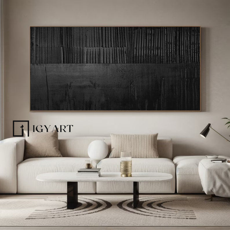 Large Black 3D Textured Abstract Painting, Minimalist Wall Art - Etsy