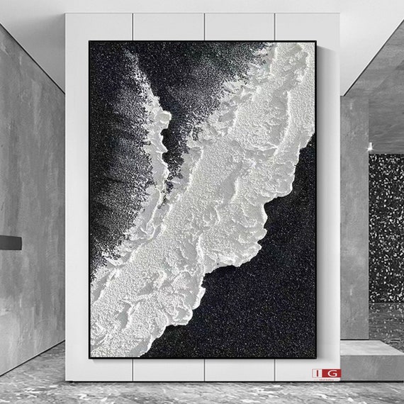 黒い海の波のテクスチャー抽象ウォールアート：3Dペインティング