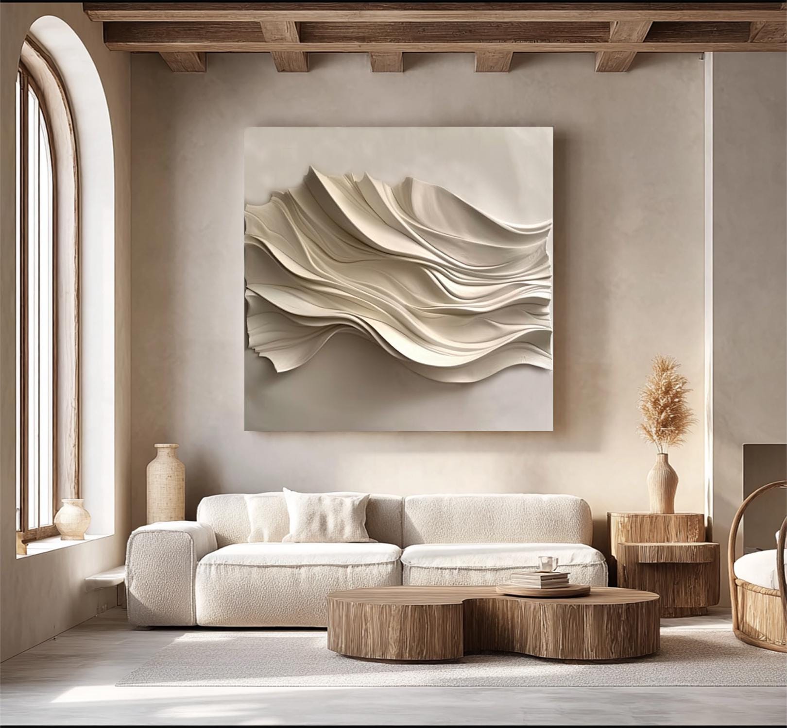 ベージュの木彫りの壁アート アート彫刻 テクスチャ壁装飾 ベージュ 3D