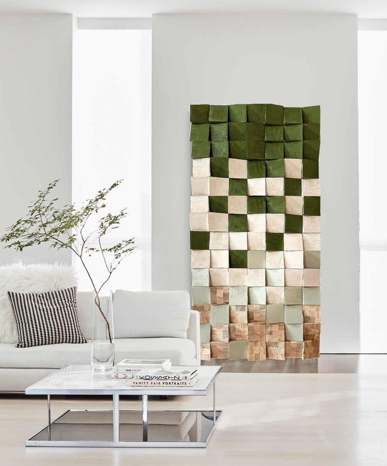 Green Geometric Wood Art 3D Wood Textured Wall Art Wood Block Wall Decor image 4