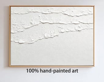 White 3D Abstract Ocean Wave Plaster Art, Minimalist Textured Beach Wall Art, Large Horizontal Impasto Painting
