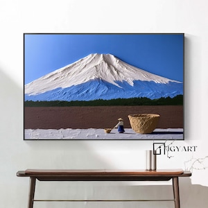 Fuji-schilderij met textuur: blauwe abstracte bergmuurkunst
