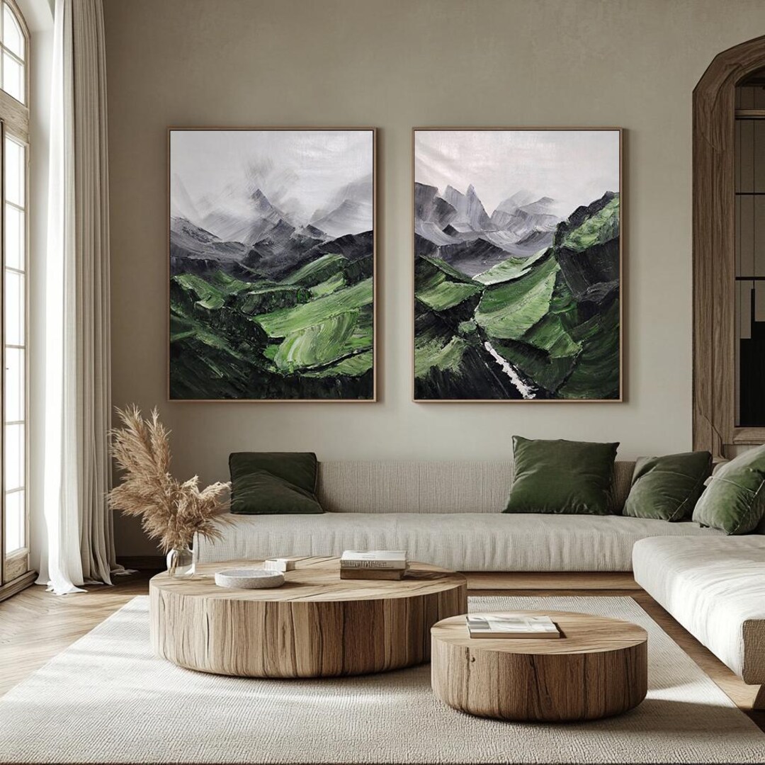 Set of 2 Green Abstract Wall Art Set of 2 Green Mountains Wall Art Set ...