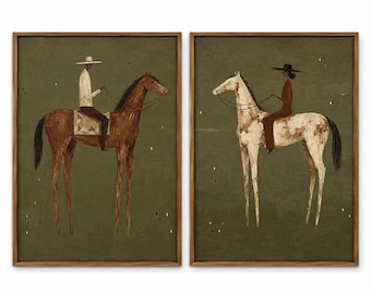 Wabi-Sabi Horse Painting Set of 2, Minimalist Western Wall Art, Abstract Equestrian Canvas art, Earthy Green Bedroom Decor