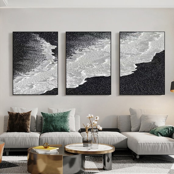 Set di 3 quadri da parete con texture onde bianche e nere Set di 3 quadri  da parete con texture nere Onde in bianco e nero Pittura astratta -   Italia