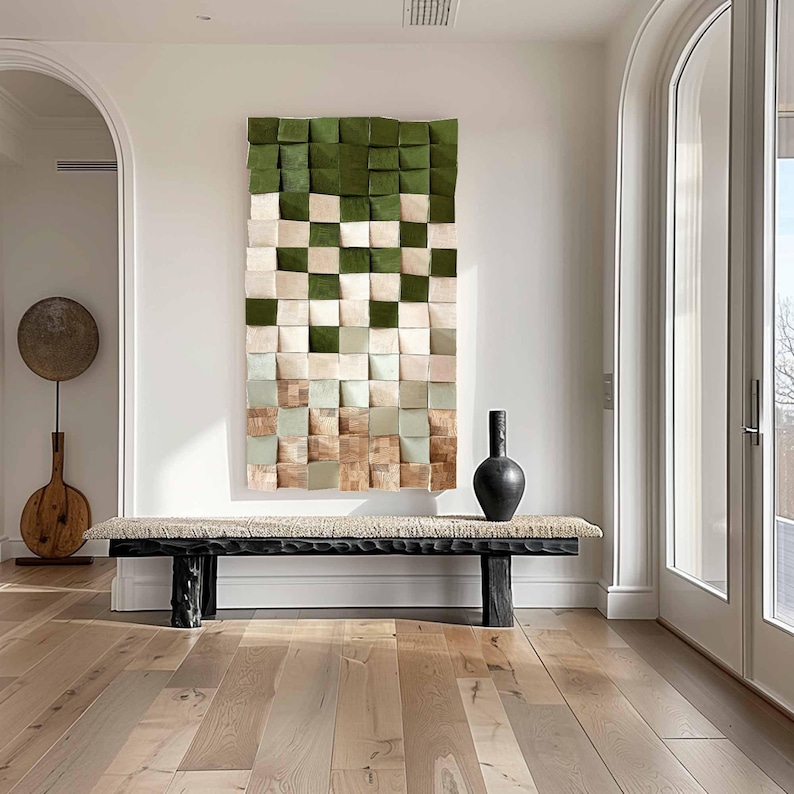 Green Geometric Wood Art 3D Wood Textured Wall Art Wood Block Wall Decor image 9