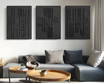 Set of 3 Black textured painting Set of 3 Black Abstract painting Set of 3 Black plaster wall art Black abstract wall art