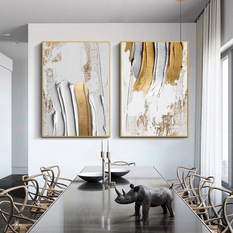 Gold and White Abstract Art Set of 2 Golden Abstract Painting Etsy