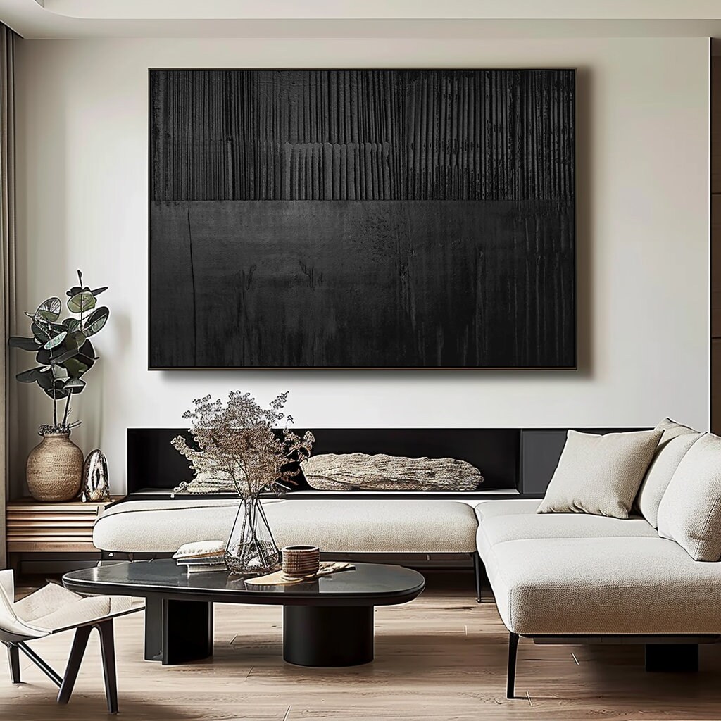 Large Black 3D Textured Abstract Painting, Minimalist Wall Art - Etsy