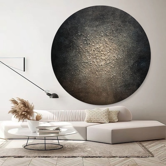 黒とベージュの円形テクスチャ抽象アート、円形キャンバス絵画 - Etsy 日本