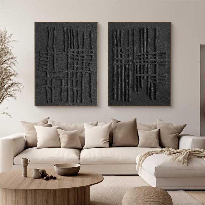 Black Minimalist Abstract Art Set, Textured Wall Decor - Etsy