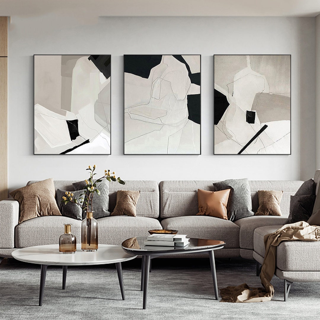 Set of 3 Beige Canvas Wall Art Set of 3 Beige Plaster Wall Art Beige