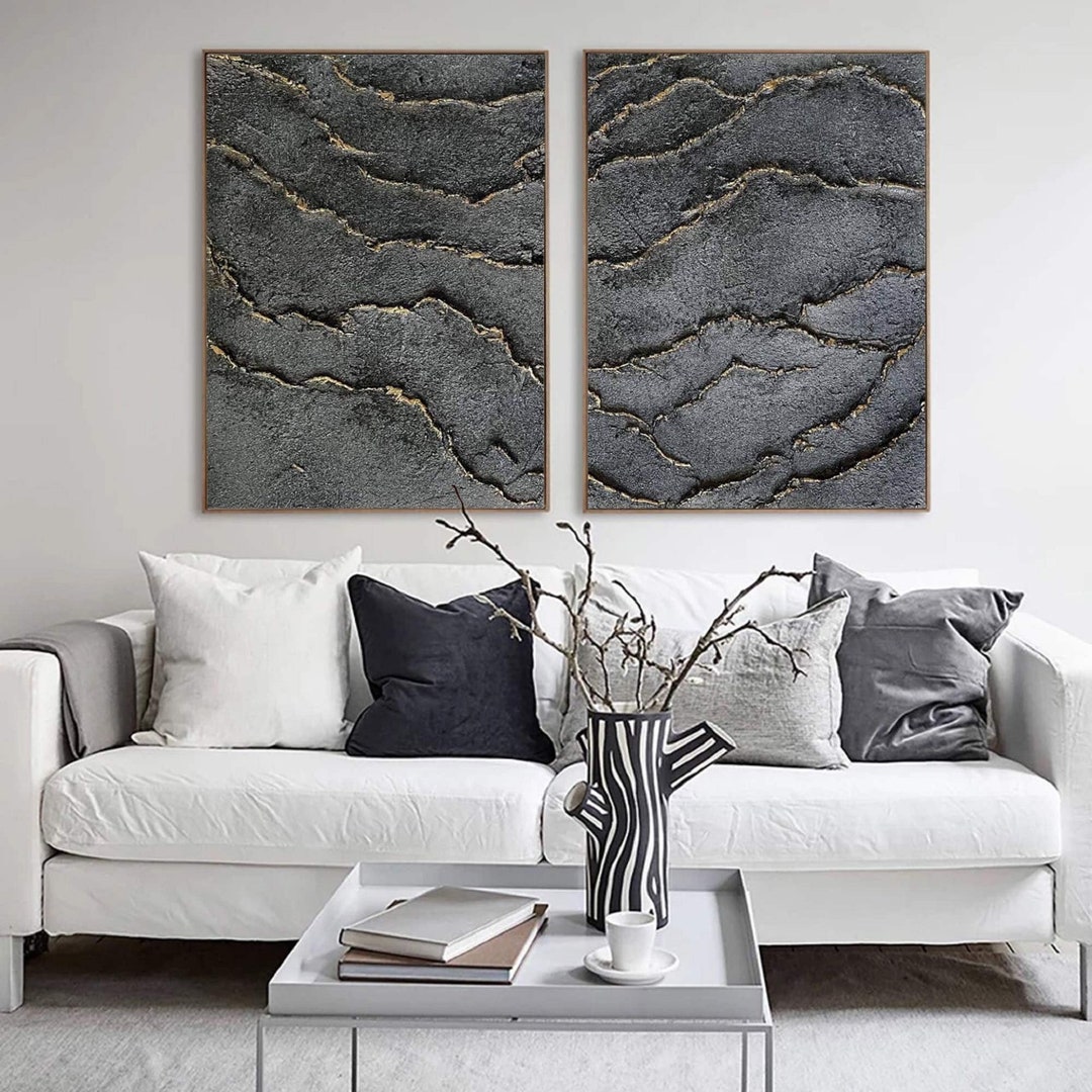 Set of 2 Black Plaster Wall Art Set of 2 Black Wall Art Wabisabi Wall