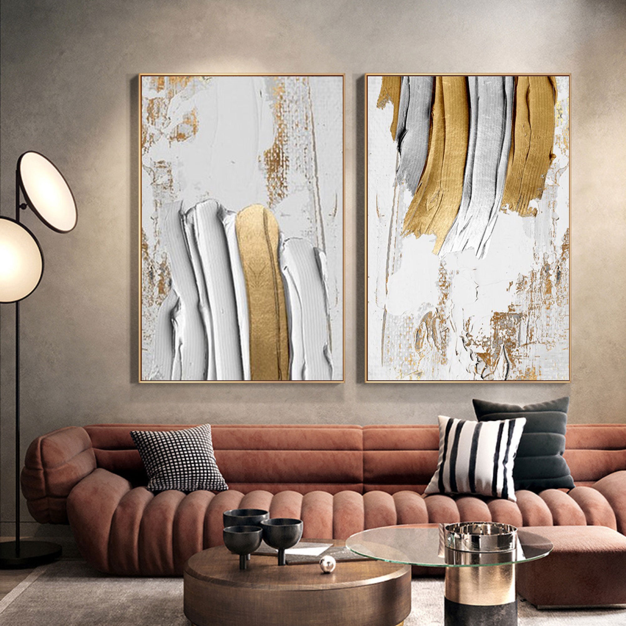 Gold and White Abstract Art Set of 2 Golden Abstract Painting Etsy UK