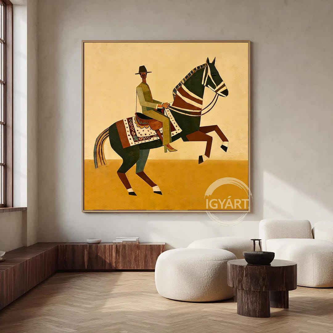 Mid-century Modern Horse Rider Painting, Folk Art Style Equestrian Wall ...