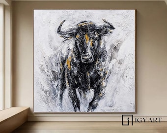 キャンバスに描かれた抽象的な雄牛の絵画：ハイランド牛の壁アート