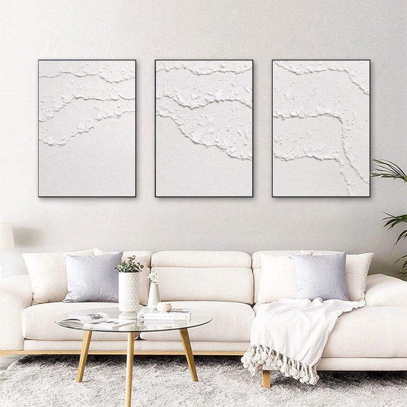 white abstract wall art White textured wall art Set of 3 white wall art white painting white 3d wall art Set of 3 white textured painting imagem 3