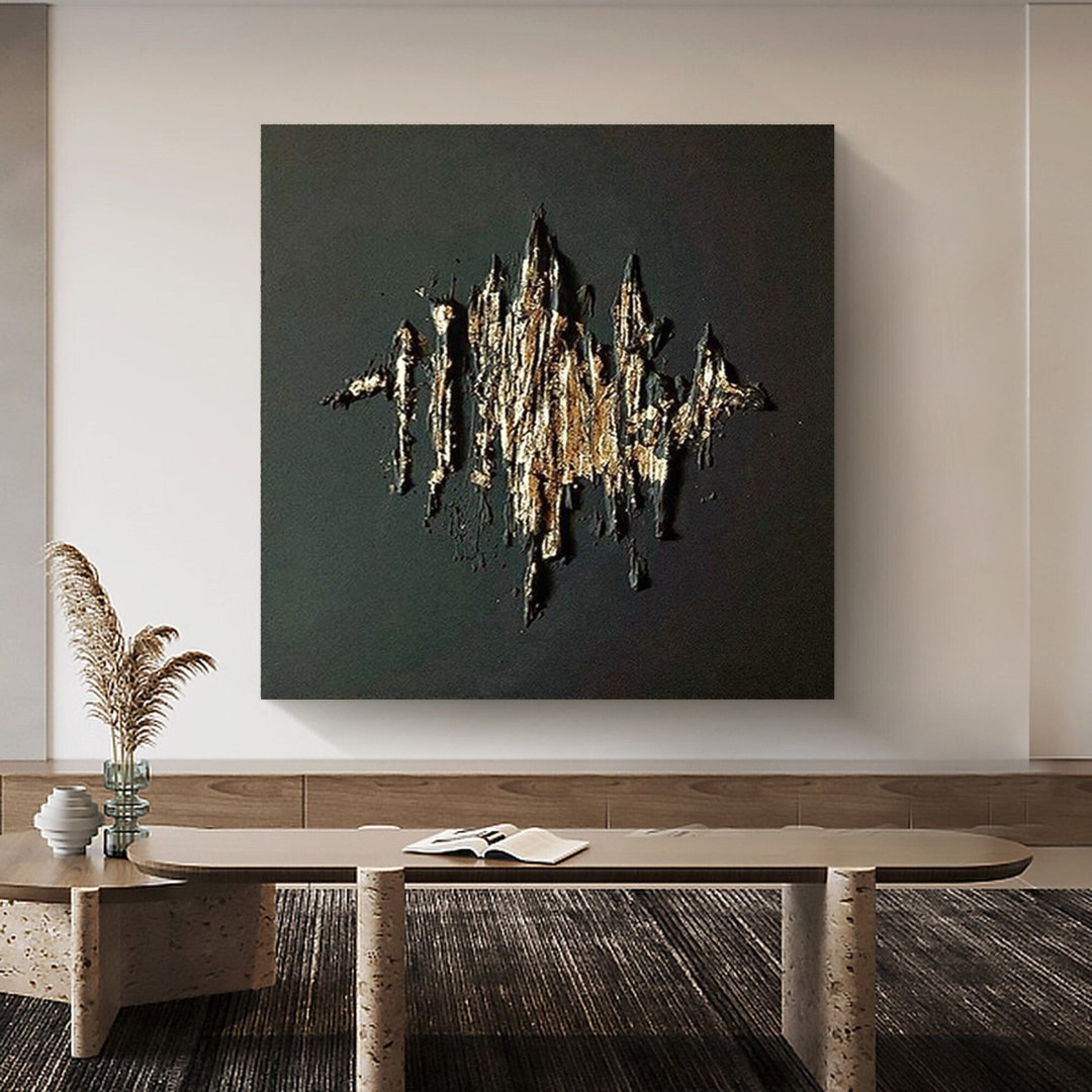 Black and Gold Textured Abstract Painting Black and Golden Leaf