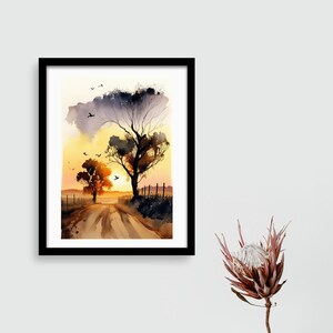 Outback Sunset Australia Abstract Painting Watercolor Art Wall Decor Art Livingroom Art 20x30 Poster Art Black Frame Wall Art Screenprint