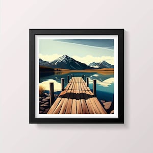 Mountain Lake Print Abstract Painting Watercolor Wall Art Wall Decor Art Livingroom Art 20x20 Poster Art Black Frame Wall Art Screenprint