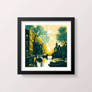 Amsterdam Canal Print Abstract Painting Watercolor Wall Art Wall Decor Art Livingroom Art 20x20 Poster Art Black Frame Wall Art Screenprint