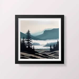 Misty Mountains Print Abstract Painting Watercolor Wall Art Wall Decor Art Livingroom Art 20x20 Poster Art Black Frame Wall Art Screenprint