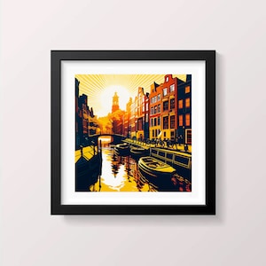 Amsterdam Canal Print Abstract Painting Watercolor Wall Art Wall Decor Art Livingroom Art 20x20 Poster Art Black Frame Wall Art Screenprint