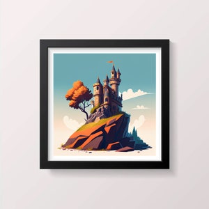 Castle on hill Painting Watercolor Wall Art Wall Decor Art Livingroom Art 20x20 Poster Art Black Frame Wall Art Screenprint Downloadable Art
