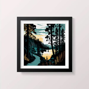 Hike Trail Lake Mountain Painting Wall Art Wall Decor Art Livingroom Art 20x20 Poster Art Black Frame Wall Art Screenprint Downloadable Art