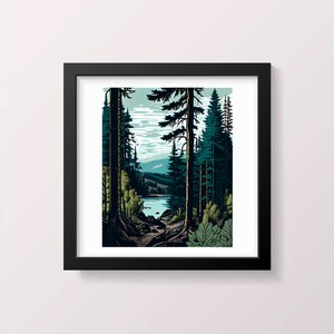 Hike Trail Lake Mountain Painting Wall Art Wall Decor Art Livingroom Art 20x20 Poster Art Black Frame Wall Art Screenprint Downloadable Art