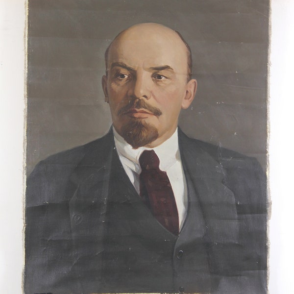 Sowjetisches Vintage Portrait - Öl auf Leinwand VLADIMIR LENIN Kommunistenführer Revolution Made in UDSSR