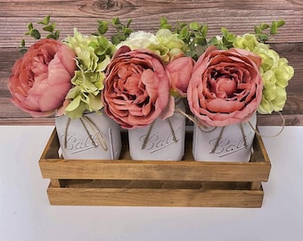 Peony, Hydrangea & Dahlia Mason Jar Centerpiece: Farmhouse Decor