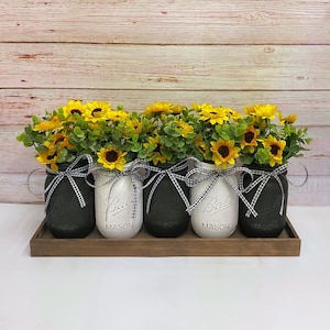 Sunflower Farmhouse Decor | Mason Jar Floral Arrangement | Rustic | Table Centerpiece | Kitchen Table Decorations | Living Room | Mantle