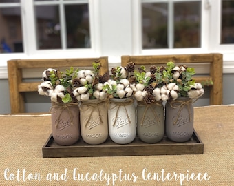 Mason Jars with Cotton, Eucalyptus and Mini Pinecones | Farmhouse Decor | Artificial Flower Arrangement | Home Decor | Table Centerpiece