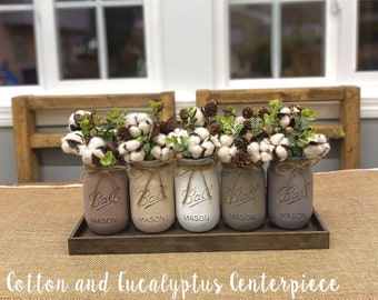 Mason Jar Centerpiece: Cotton, Eucalyptus, Pinecones - Farmhouse Decor