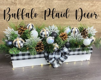 Buffalo Plaid Decor | Black and White | Christmas Arrangement | Winter Centerpiece | Table Decoration | Kitchen | Holiday | Floral | Gifts