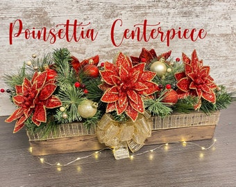 Poinsettia Centerpiece | Christmas Arrangement | Winter Decor | Home Decoration | Rustic | Mantle | Table | Kitchen | Holiday | Floral|Gifts