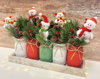 Snowman Christmas Decor | Winter Arrangement | Table Centerpiece | Home Decoration | Mason Jar | Kitchen | Holiday | Floral | Gift Ideas |