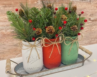 Mason Jar Christmas Decor | Winter Arrangement | Table Centerpiece | Home Decoration | Tabletop | Kitchen | Holiday Decor | Floral | Gift |