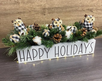 Buffalo Plaid Owl Decor | Christmas Arrangement | Winter Centerpiece | Table Decoration | Mantle | Tabletop | Holiday | Floral | Gifts