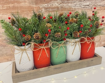 Mason Jar Christmas Decor | Winter Arrangement | Table Centerpiece | Home Decoration | Tabletop | Kitchen | Holiday Decor | Floral | Gift |