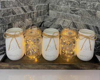 Different Color Painted Mason Jars with Fairy Lights/Farmhouse Decor/Home Decor/Containers/Farmhouse Decor/Mason Jars/Table Centerpieces